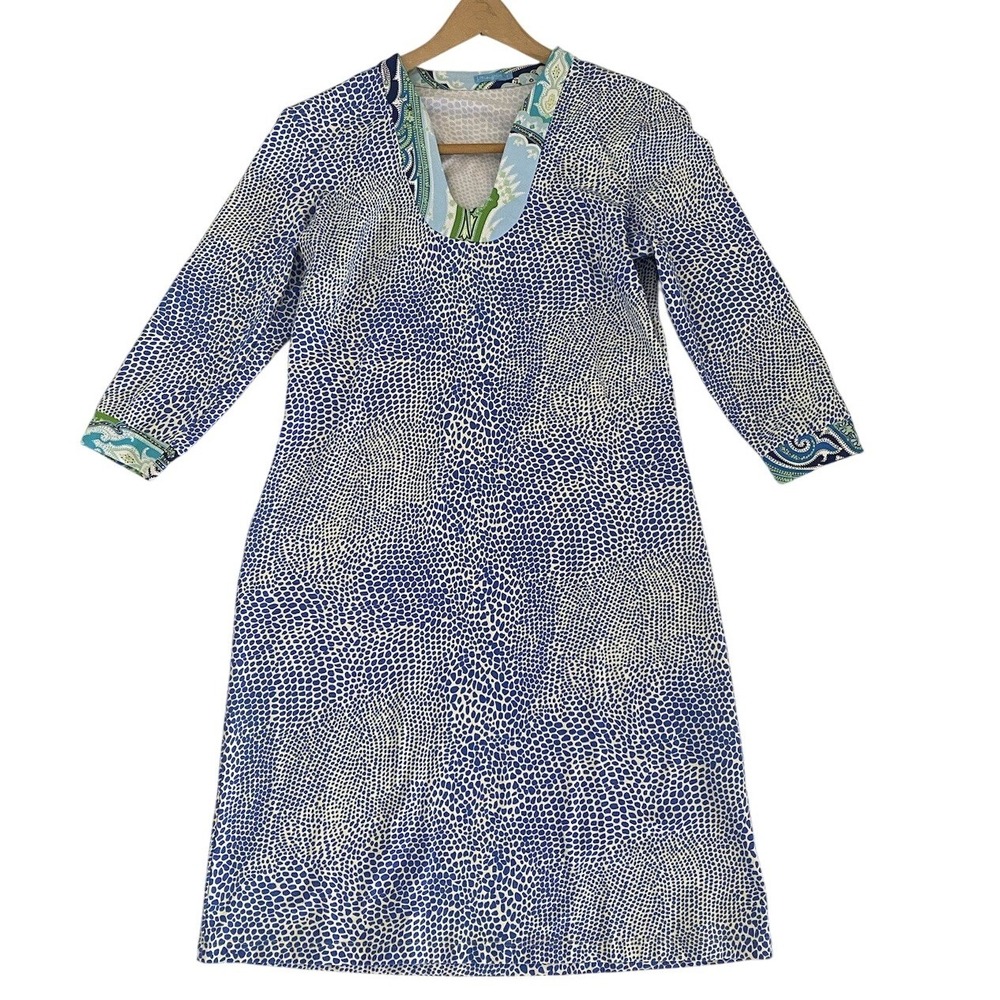 J. Mclaughlin Dress Small Sophia Blue White Print S 3/4 Sleeve Travel Light EUC
